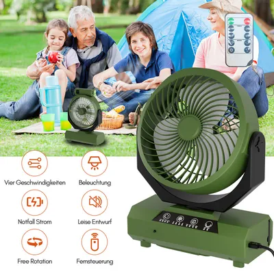 Produktbild von Clanmacy Tischventilator,Camping Ventilator, wiederaufladbar, 20000mAh Akku, 4 Geschwindigkeiten, mit Fernbedienung, LED Licht und Haken,für Outdoor, Zelt,Grün