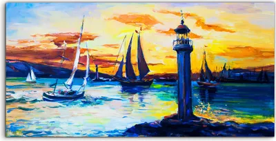 Produktbild von Coloray Spritzschutz aus Glas 100x50  Wandkunst Küchenrückwand Wasser segel Boote bunte Leuchtturm