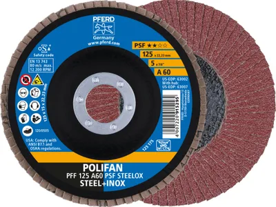 Produktbild von PFERD TOOLS POLIFAN Fächerscheibe PFF 125x22,23 mm flach A60 Universallinie PSF STEELOX Stahl/Edelstahl