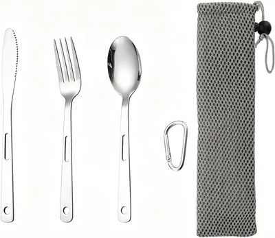 Imagen del producto de Juego de cubiertos de acero inoxidable para camping, de 3 piezas, con estuche, ideal para llevar de viaje