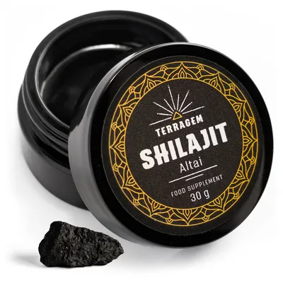 Produktbild von TERRAGEM Shilajit Altai Mumijo – 100% Reines Naturharz – Mit Zertifikat – Fulvinsäure & Mineralien – 30g Glas – Nahrungsergänzungsmittel