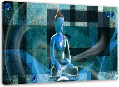 Produktbild von Leinwandbild buddha auf geometrischem hintergrund - blau 100x70 cm Feeby blau wandbild bereit zum aufhängen