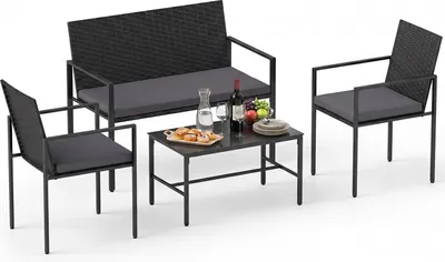 Immagine prodotto di Set di mobili da giardino in polyrattan COSTWAY, mobili da esterno, set composto da 2 poltrone, panca, tavolo e cuscini, mobili da terrazza, set da giardino grigio
