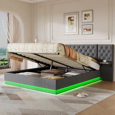 Produktbild von REMZETTA Polsterbett 160x200 cm Grau mit RGB-LED, Stauraum, USB-C & kabellosem Laden, Leinenbezug