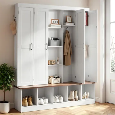 Produktbild von VEVOR Garderobenständer 1595x396x1948 mm, 4-in-1 Garderobe mit Sitzank, Haken, Aufbewahrungsschrank & Schuhschrank, Flurgarderobe Holzmöbel für Eingangsbereich, Diele, Flur, Weiß