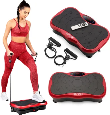 A woman is using a vibration plate with resistance bands, and there are two vibration plates shown separately.