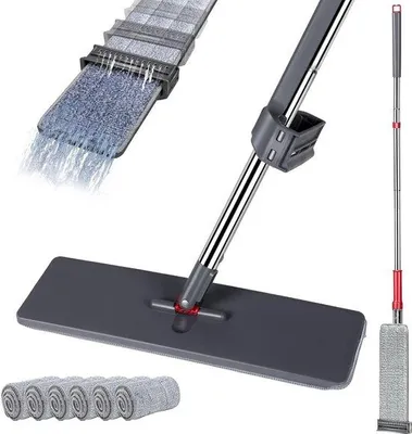 Produktbild von Famanu Flachmopp 130 cm mit 6 Mikrofasermopp-Pads und Edelstahlgriff - Grau + Rot