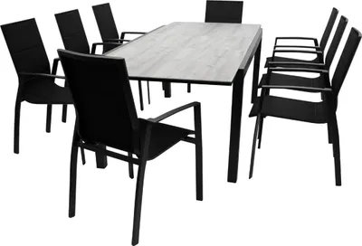 Produktbild von TPFGarden GARTEN-GARNITUR Ashford - 9-teilige Garten-Essgruppe (8x Stapelsessel mit Armlehnen, 1x Ausziehtisch 180/240x100cm), Gestell Aluminium anthrazit, Bezug Kunstgewebe schwarz mit Polsterung. Tischplatte Keramikoptik grau. BxTxH: 180,0 - 240,0x202x96 cm
