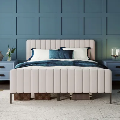 Obrázok produktu pre Čalúnená posteľ Merax 160x200 cm s výškovo nastaviteľným čelom a lamelovým roštom, čalúnená manželská posteľ pre mladých s poťahom v sivo-béžovej farbe