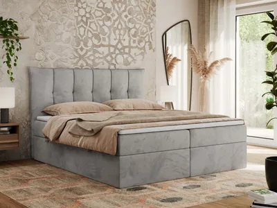Produktbild von MKS MEBLE Boxspringbett 200 x 200 cm mit Bettkasten und Matratze H3, Polsterbett 200 x 200 cm mit Bettkasten, Bett 200 x 200 cm mit Stauraum und Topper - Premium-10 - Hellgrau Velvet