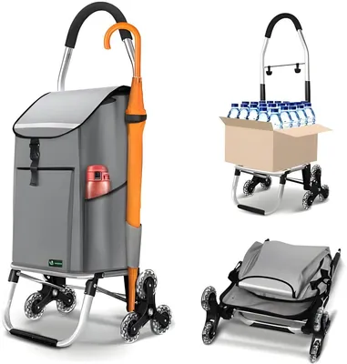 Produktbild von PolkaHome® Klappbarer Einkaufswagen mit 6 Rädern aus Aluminium und wasserdichtem Isolierfach, Tasche, Treppe - Grau