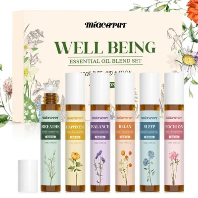 Produktbild von Ätherische Öle Roll On Set 6x10ml, Aromatherapie Geschenkset für Schlafen, Entspannen, Glück, Konzentration, Weiß