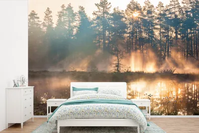 Produktbild von MuchoWow® Fototapete für Wohnzimmer oder Schlafzimmer Wandtapete Vinyl Motivtapete See - Sonne - Baum - 390x260 cm - Papiertapete
