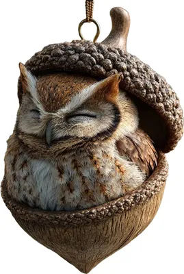 A decorative ornament of an owl sleeping inside an acorn.