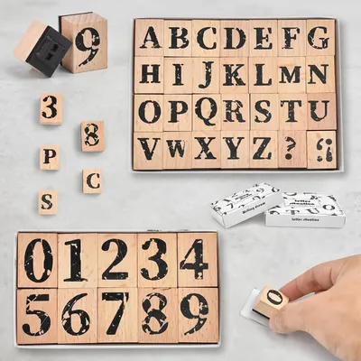 Produktbild von Stempelset Buchstaben und Zahlen, 38-teilig, Holz, für Scrapbooking