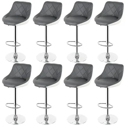 A set of eight bar stools arranged in two rows of four against a white background.
