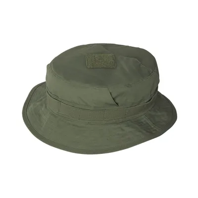 A green bucket hat with a patch on top.