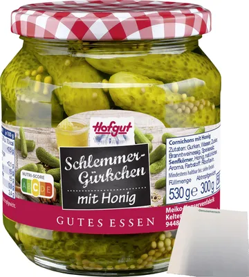 Produktbild von Hofgut Schlemmergürkchen mit Honig (580ml Glas) + usy Block