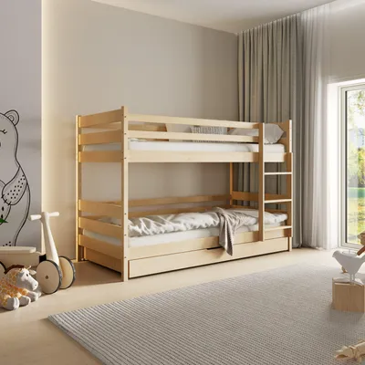 A child's bedroom with a wooden bunk bed, toys, and a rug.