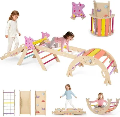 Imagen del producto de Estructura de escalada interior, triángulo de escalada de madera, set de 4 juguetes para escalar que incluye una red de escalada, un arco de escalada, un balancín y una escalera, con rampa de doble cara y set de bloques de construcción, y un triángulo de escalada para niños