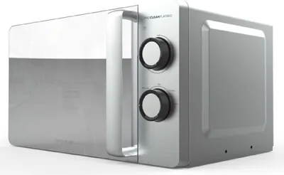 A silver microwave oven is shown from a three-quarter angle against a white background.