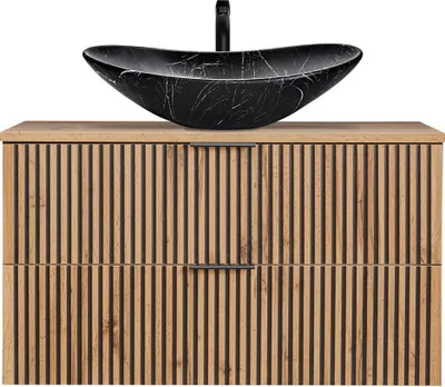 Produktbild von Waschtisch Set 100 cm mit Unterschrank anthrazit Eiche Nb. schwarz gerillt XANTEN-56 Waschbecken schwarz marmoriert, B/H/T: ca. 100,6/74,7/46,5 cm