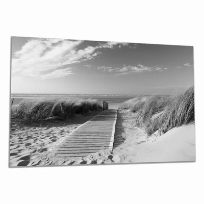 Produktbild von Wallario Herdabdeckplatte aus Glas, Größe 80 x 52 cm 1-teilig, Motiv Auf dem Holzweg zum Strand schwarzweiß