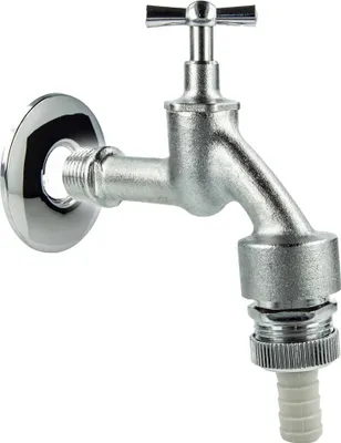 Produktbild von tecuro Auslaufventil 1/2 Zoll, Knebeloberteil, Rohrbelüfter DVGW, Schlauchtülle, Wandrosette - MS  mattverchromt