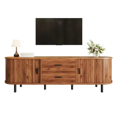 Produktbild von TV Schrank 160 cm, TV Lowboard mit Schiebetüren & 2 Schubladen, TV Board in Nussbaumoptik, TV Bank, Lowboard, Fernsehschrank für Wohnzimmer