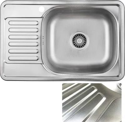 A top-down view of a stainless steel kitchen sink with a drainer and a close-up of the drainer's texture.