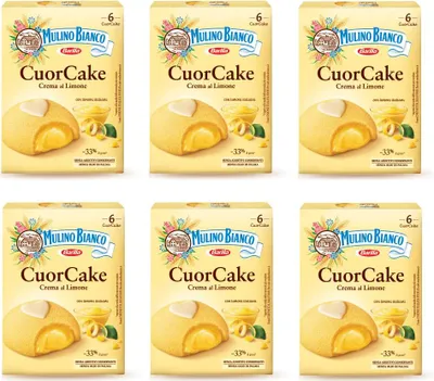 Produktbild von 6x Barilla Mulino Bianco Cuor Cake Snack gefüllt mit Zitronencreme ( 6 x 35g ) 210g Mini Kuchen mit italienischen Zitronen ohne Palmöl Biskuitkuchen
