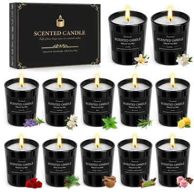 Image de Coffret cadeau de 12 bougies parfumées en verre, à base de cire de soja, durée de combustion : 180 heures