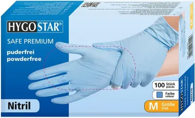 Obrázek produktu pro Hygostar 27051 Nitrilhandschuhe Safe Premium blau Gr. 8/M puderfrei Spenderbox