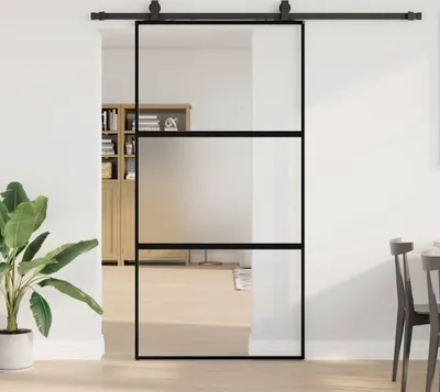 Immagine prodotto di 2025 Porta scorrevole moderna con ferramenta nera 102,5x205 cm Vetro temperato - porte interne ,Design 8745828 2parti
