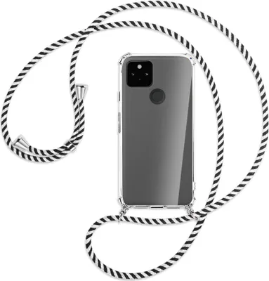 Produktbild von Handykette Backcover-Schutzhülle mit Band (Metall silberfarben) für Google Pixel 5a 5G  - schwarz/weiß gestreift