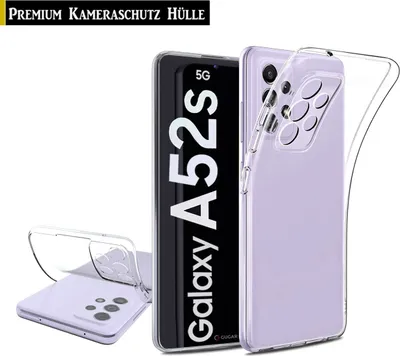 A clear protective phone case is shown with a Samsung Galaxy A52s phone.