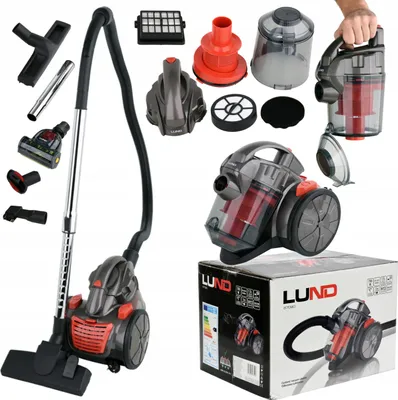 A collage of a bagless vacuum cleaner and its various accessories, along with its packaging.