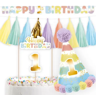 Immagine prodotto di Set per feste 1° compleanno Arcobaleno, 4 pezzi