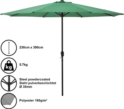 Image de Parasol Parasol de marché Parasol à manivelle Jardin Vert / 230x300cm / 5,7kg / Acier / Polyester 160g/m² [casa.pro]