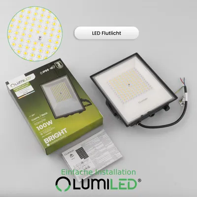 Produktbild von LUMILED LED Strahler mit Linse 100W Superhell Außenstrahler 11000 lm LED Fluter Strahler für Außen IP65 Wasserdicht IK05 4000K Neutralweiß Scheinwerfer Flutlichter schwarz Flutlichtstrahler