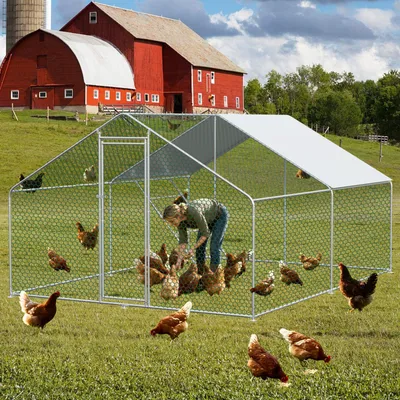 Obrázek produktu pro Volierový výběh pro slepice, 3x4x2 metry, s bezpečnostním zámkem, vodotěsná PE fólie, kovová konstrukce, vhodný pro slepice, králíky a další drobné zvířata. Barva: stříbrná