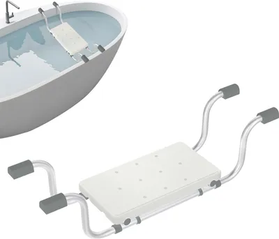 A bathtub seat is shown in and out of a bathtub.
