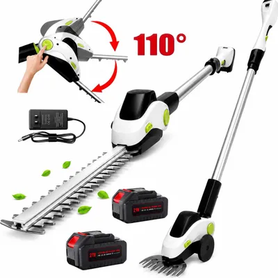 Produktbild von 3-in-1 Akku Heckenschere,110°drehbarer Kopf,Elektrische Heckensche mit 2×2000mAh Akku,LCD-Display,Doppelter Sicherheitsschalter,Teleskopstange,Silber