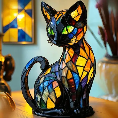 Produktbild von Katzen Lampe, Katzenlampe Mosaik, Nachttischlampe, USB Nachtlicht Katze mehrfarbig, vintage buntglas lampe, Bedside lamp, Schlafzimmer Deko Geschenk