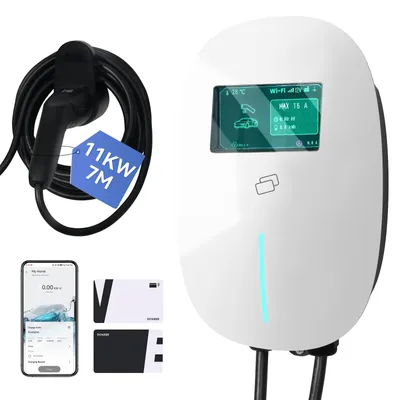 Produktbild von Puluomis Wallbox Ladestation 11kW Ladekabel 7m Typ 2 mit Halter,EV Ladegerät 3-phasig 6-16A einstellbar, IP65 Wasserdicht mit Wlan & Bluetooth weiß