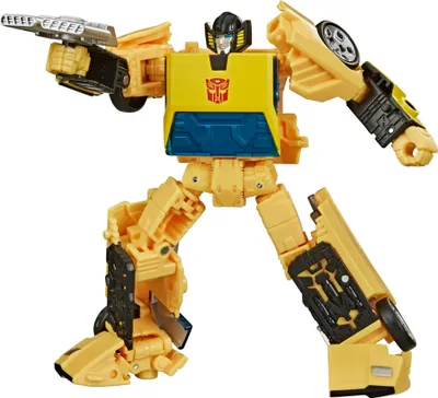 A yellow Transformers action figure is posed dynamically against a white background.