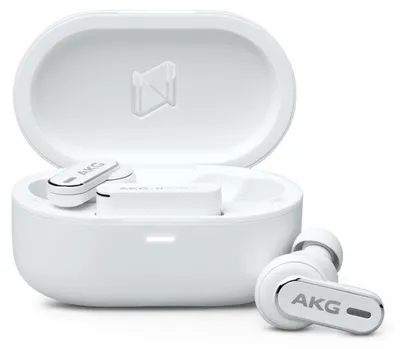 A pair of white AKG wireless earbuds and their charging case are displayed against a white background.