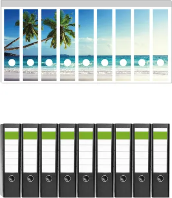 Produktbild von Wallario 9 Stück breite Ordner inkl. Klebeetiketten mit Motive Sandstrand auf den Seychellen - Urlaub unter Palmen -  Set mit Rückenschildern / Ordnerrücken Stickern