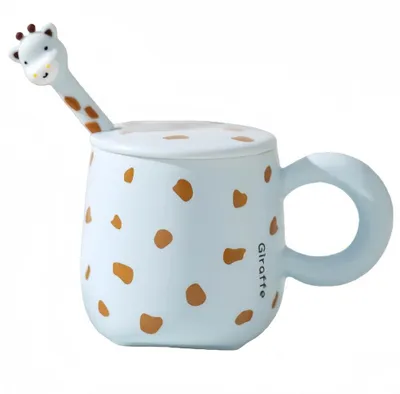 Keramikbecher Giraffe 400 ml mit Deckel und Löffel, Blau
