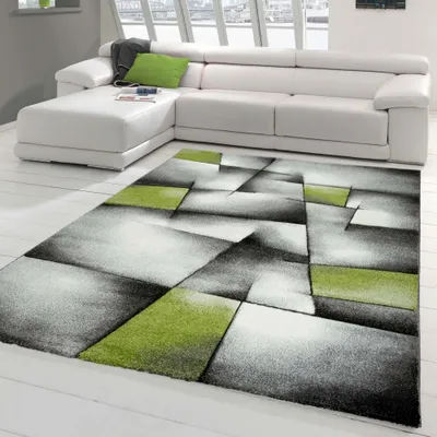 Produktbild von Designer Teppich Moderner Teppich Wohnzimmer Teppich Kurzflor Teppich mit Konturenschnitt Karo Muster Grün Grau Weiß Schwarz Größe - 80 x 150 cm